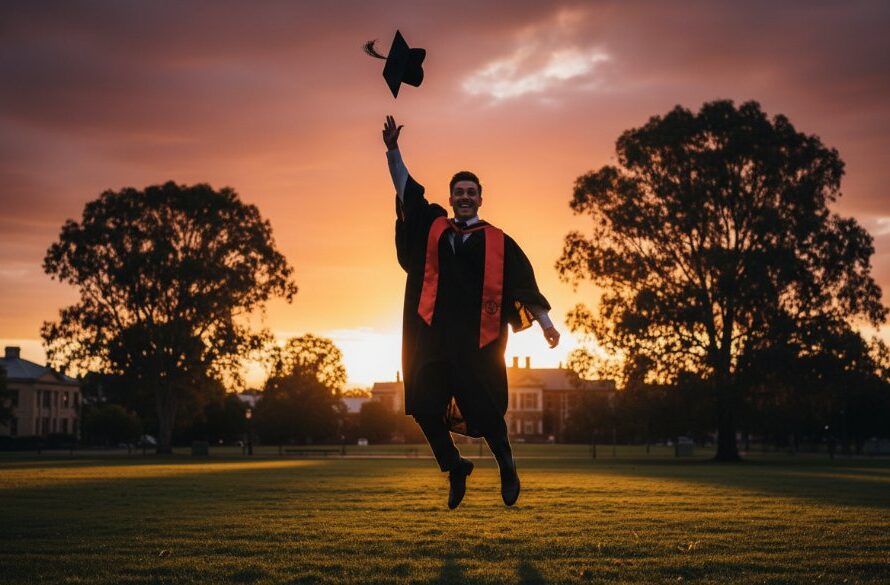 A proud graduate in academic regalia, cap thrown high against a vibrant Traralgon sunset, encapsulating the joy of Traralgon graduation photography celebrate success.