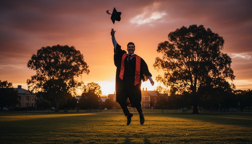 A proud graduate in academic regalia, cap thrown high against a vibrant Traralgon sunset, encapsulating the joy of Traralgon graduation photography celebrate success.