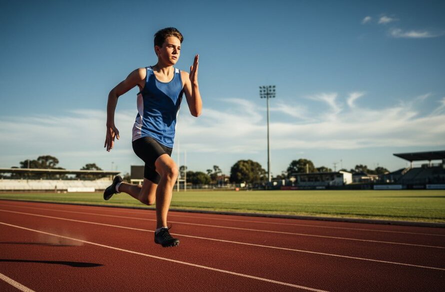 Dramatic wide-angle shot of a young athlete mid-stride, racing towards the finish line on a sun-drenched Traralgon athletics track, encapsulating Traralgon junior athletics photography capturing epic moments.