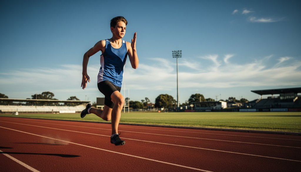 Dramatic wide-angle shot of a young athlete mid-stride, racing towards the finish line on a sun-drenched Traralgon athletics track, encapsulating Traralgon junior athletics photography capturing epic moments.
