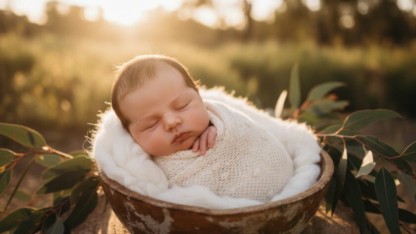 A serene, cinematic 'epic moment' photograph capturing a peaceful newborn baby, wrapped in a soft natural blanket, nestled gently in a rustic wooden basket amidst a sun-drenched, dreamlike backdrop suggestive of Traralgon's natural beauty. This Traralgon newborn photography cherished first moments image showcases tender details and a loving atmosphere, professionally colour-graded with dramatic, soft light highlighting the baby's delicate features.
