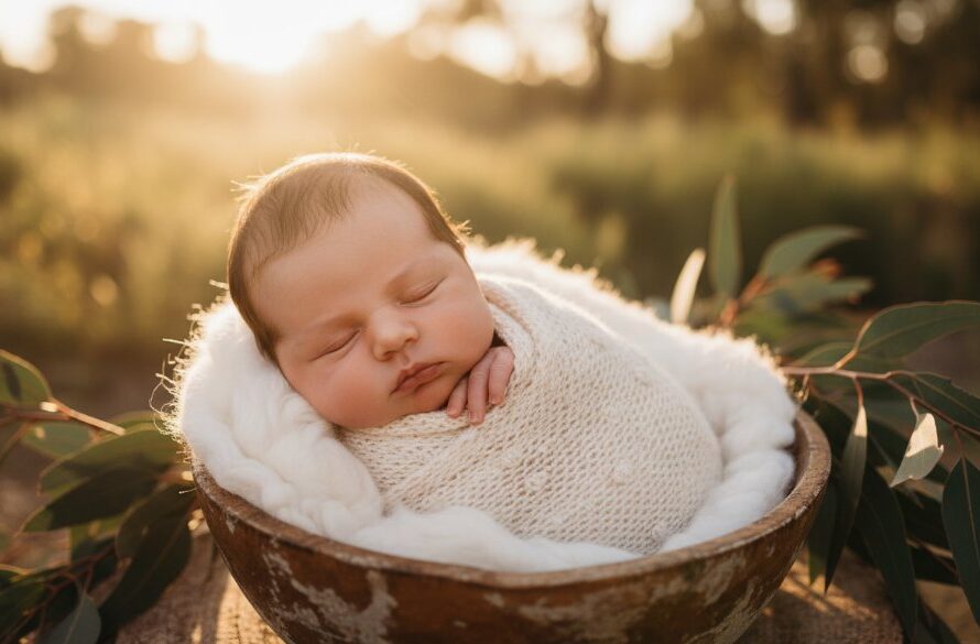 A serene, cinematic 'epic moment' photograph capturing a peaceful newborn baby, wrapped in a soft natural blanket, nestled gently in a rustic wooden basket amidst a sun-drenched, dreamlike backdrop suggestive of Traralgon's natural beauty. This Traralgon newborn photography cherished first moments image showcases tender details and a loving atmosphere, professionally colour-graded with dramatic, soft light highlighting the baby's delicate features.