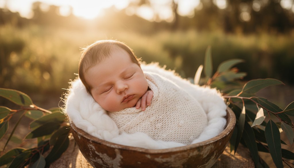 A serene, cinematic 'epic moment' photograph capturing a peaceful newborn baby, wrapped in a soft natural blanket, nestled gently in a rustic wooden basket amidst a sun-drenched, dreamlike backdrop suggestive of Traralgon's natural beauty. This Traralgon newborn photography cherished first moments image showcases tender details and a loving atmosphere, professionally colour-graded with dramatic, soft light highlighting the baby's delicate features.