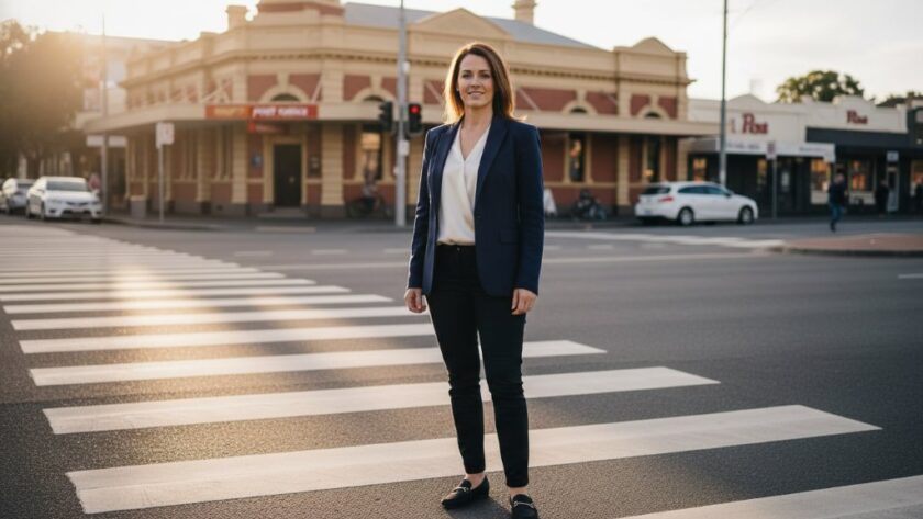 Dramatic and inspiring 'epic moment' style photograph capturing a local entrepreneur, a woman in her late 30s with a genuine smile, interacting with a client over coffee at a stylish cafe in Traralgon, Victoria, bathed in warm, natural morning light. The shot highlights her authentic connection and professional demeanour, embodying Traralgon personal branding photography for small businesses, with blurred background details hinting at the vibrant local streetscape.