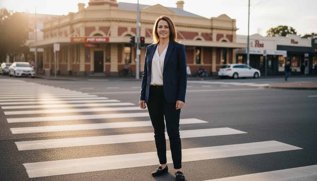 Dramatic and inspiring 'epic moment' style photograph capturing a local entrepreneur, a woman in her late 30s with a genuine smile, interacting with a client over coffee at a stylish cafe in Traralgon, Victoria, bathed in warm, natural morning light. The shot highlights her authentic connection and professional demeanour, embodying Traralgon personal branding photography for small businesses, with blurred background details hinting at the vibrant local streetscape.