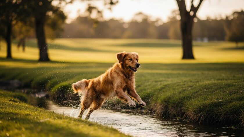 A golden retriever mid-leap, catching a frisbee with pure joy in a sun-drenched Traralgon park, showcasing Traralgon pet photography adventure moments with dynamic action and vibrant colours.