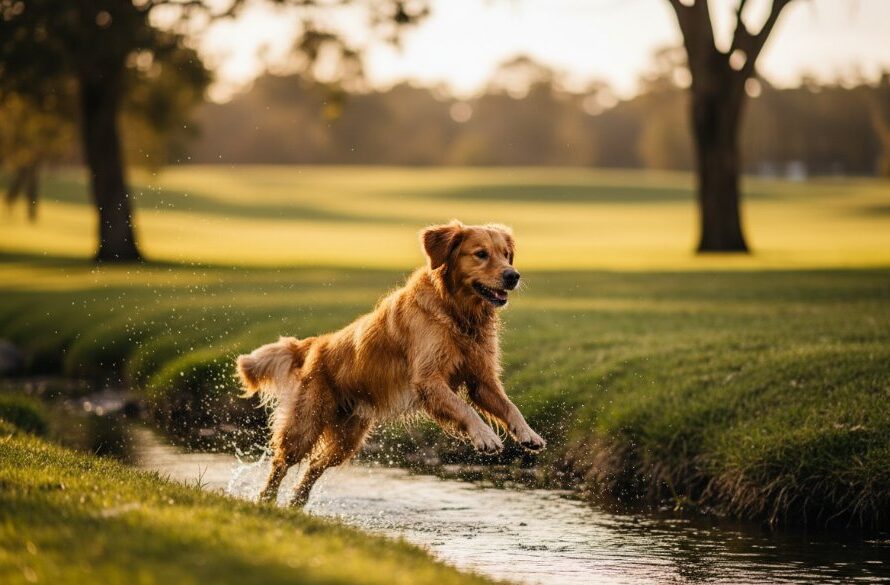 A golden retriever mid-leap, catching a frisbee with pure joy in a sun-drenched Traralgon park, showcasing Traralgon pet photography adventure moments with dynamic action and vibrant colours.