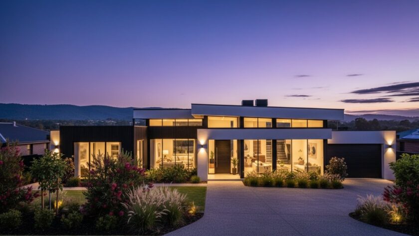 Dramatic wide-angle shot of a luxurious modern home in Traralgon at twilight, showcasing its illuminated interior and manicured garden with a distant view of rolling Gippsland hills under a vibrant sunset sky, exemplifying 'Traralgon premium property photography for faster sales' with cinematic quality.