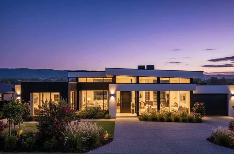Dramatic wide-angle shot of a luxurious modern home in Traralgon at twilight, showcasing its illuminated interior and manicured garden with a distant view of rolling Gippsland hills under a vibrant sunset sky, exemplifying 'Traralgon premium property photography for faster sales' with cinematic quality.