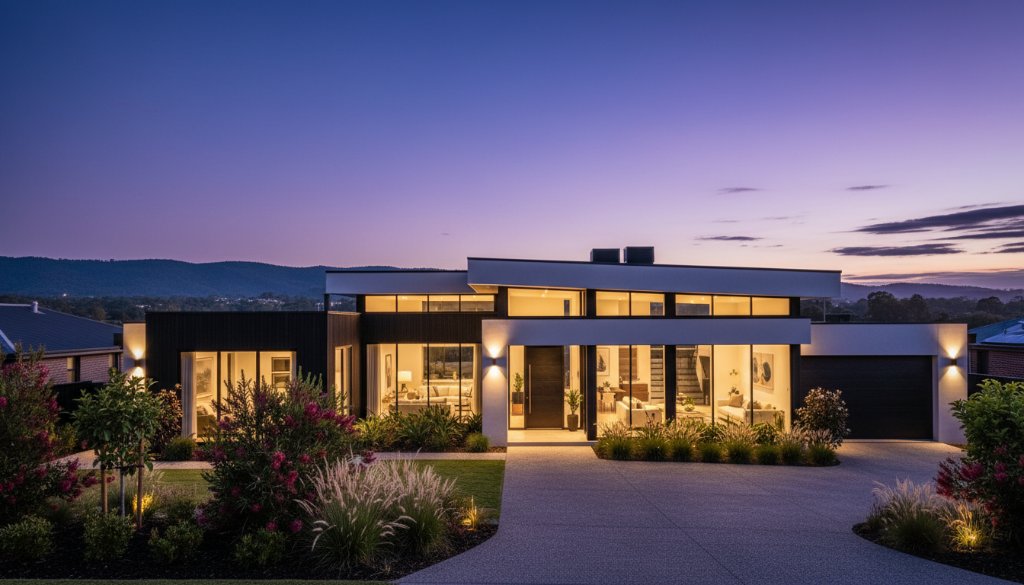 Dramatic wide-angle shot of a luxurious modern home in Traralgon at twilight, showcasing its illuminated interior and manicured garden with a distant view of rolling Gippsland hills under a vibrant sunset sky, exemplifying 'Traralgon premium property photography for faster sales' with cinematic quality.