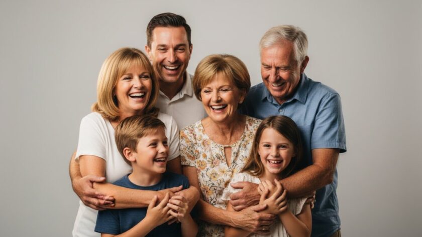 An emotional, cinematic portrait of a joyous family embracing in a professional Traralgon Victoria family studio photography session, bathed in warm, dramatic backlighting, capturing an epic moment of connection and love.