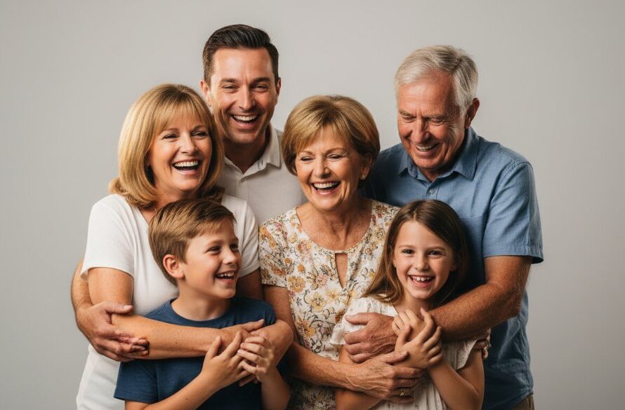 An emotional, cinematic portrait of a joyous family embracing in a professional Traralgon Victoria family studio photography session, bathed in warm, dramatic backlighting, capturing an epic moment of connection and love.