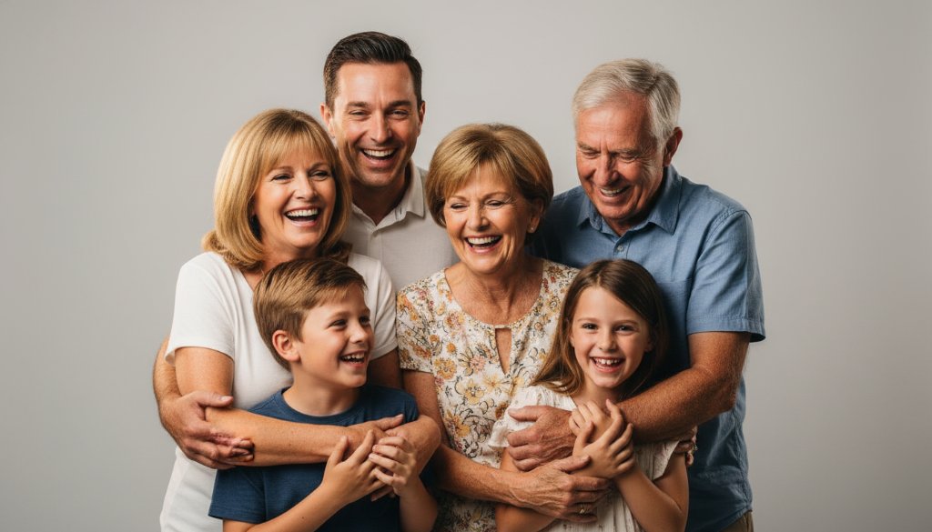 An emotional, cinematic portrait of a joyous family embracing in a professional Traralgon Victoria family studio photography session, bathed in warm, dramatic backlighting, capturing an epic moment of connection and love.