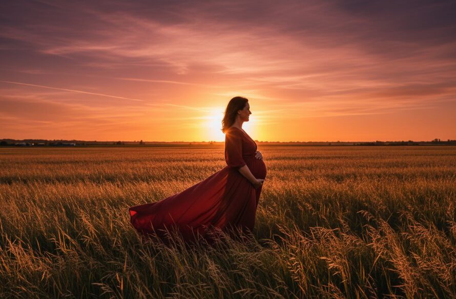 A pregnant woman, beautifully silhouetted against a golden hour sunset in a Traralgon Victoria outdoor maternity photoshoot, gently cradles her baby bump amidst a field of tall, swaying grass, embodying serene anticipation.