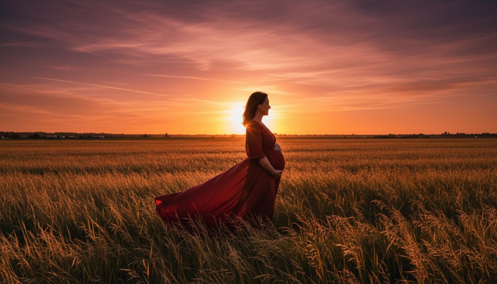 A pregnant woman, beautifully silhouetted against a golden hour sunset in a Traralgon Victoria outdoor maternity photoshoot, gently cradles her baby bump amidst a field of tall, swaying grass, embodying serene anticipation.