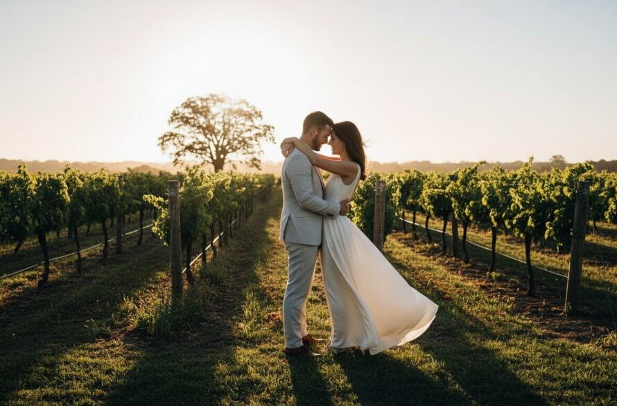 A couple embracing amidst golden hour light in a picturesque Traralgon vineyard, perfectly capturing their Traralgon Victoria pre-wedding photoshoots rustic charm with a dramatic, cinematic feel.