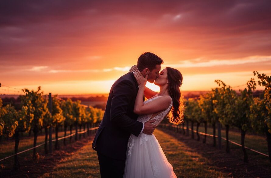 A beautifully captured epic moment from Traralgon wedding photography capturing Gippsland romance, featuring a newlywed couple sharing an intimate kiss under a dramatic sunset at a scenic Traralgon vineyard, highlighting their joy and the stunning Victorian landscape.