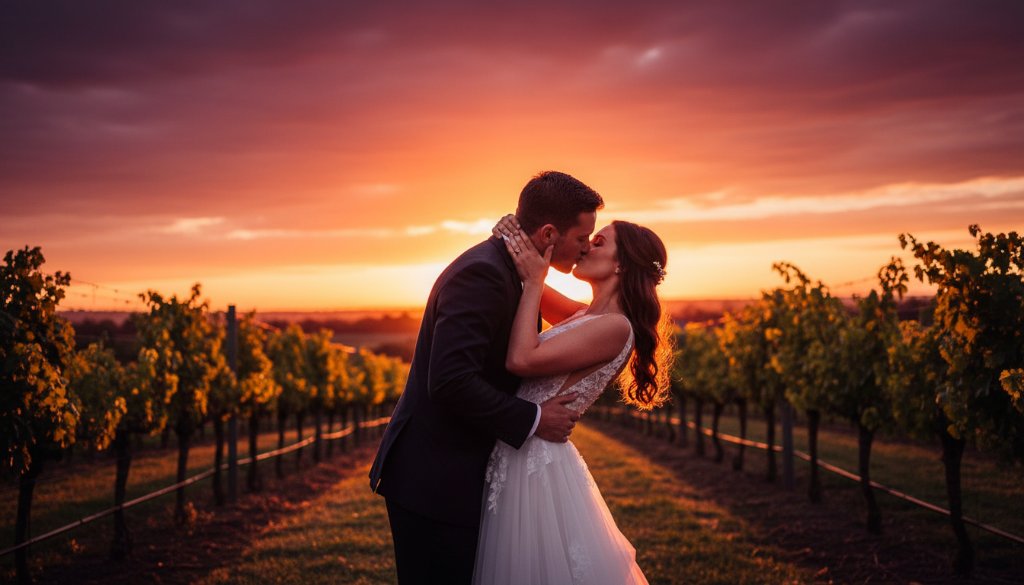 A beautifully captured epic moment from Traralgon wedding photography capturing Gippsland romance, featuring a newlywed couple sharing an intimate kiss under a dramatic sunset at a scenic Traralgon vineyard, highlighting their joy and the stunning Victorian landscape.