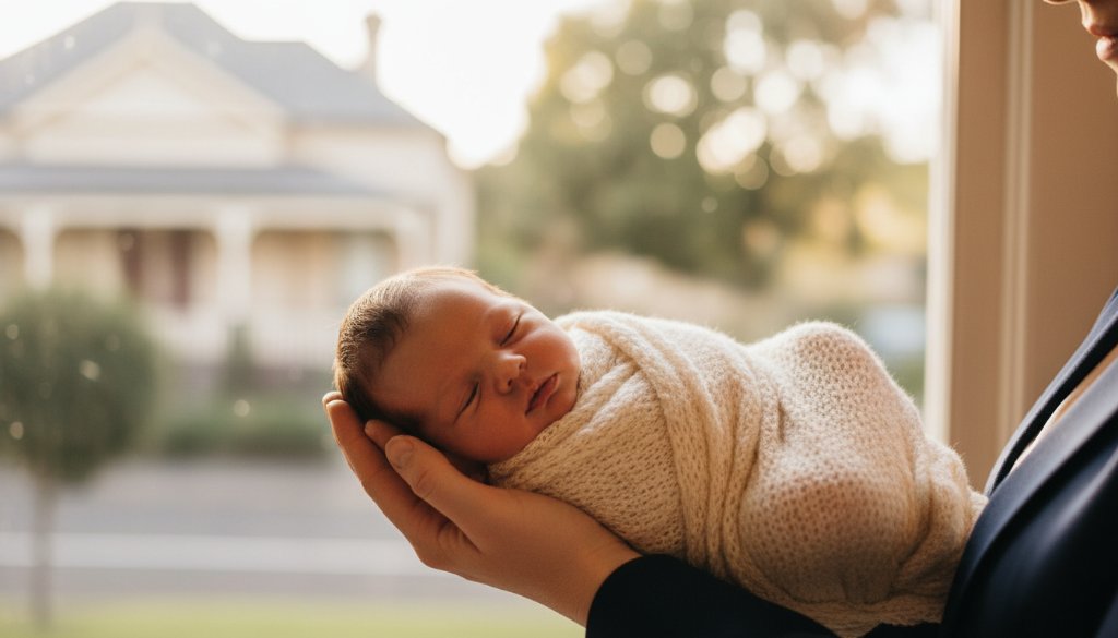 An intimate and heartwarming photograph capturing treasured Elsternwick newborn photoshoot memories, showing a sleeping newborn cradled gently in parent's hands, bathed in soft, natural light, reflecting the tender bond.