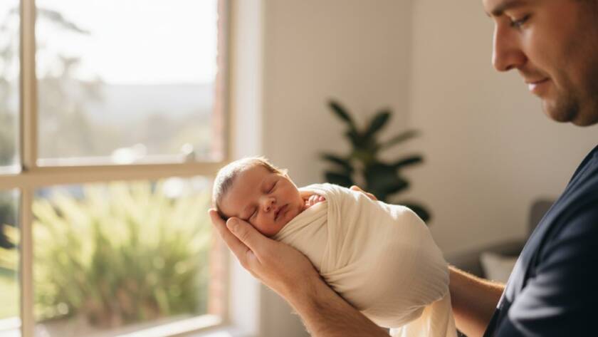 A tender, cinematic wide-shot capturing the treasured Ferntree Gully newborn photography artistry, showing a sleeping baby swaddled in soft, earthy tones, held gently by parents, bathed in dramatic golden hour light filtering through a window, evoking warmth and love.