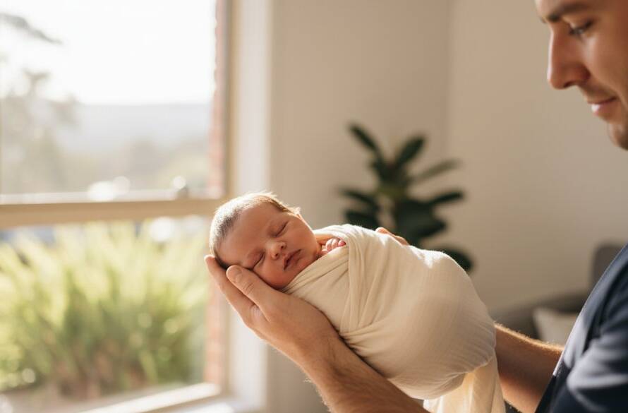 A tender, cinematic wide-shot capturing the treasured Ferntree Gully newborn photography artistry, showing a sleeping baby swaddled in soft, earthy tones, held gently by parents, bathed in dramatic golden hour light filtering through a window, evoking warmth and love.