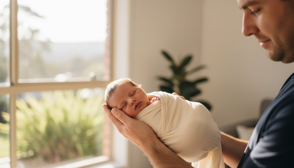 A tender, cinematic wide-shot capturing the treasured Ferntree Gully newborn photography artistry, showing a sleeping baby swaddled in soft, earthy tones, held gently by parents, bathed in dramatic golden hour light filtering through a window, evoking warmth and love.