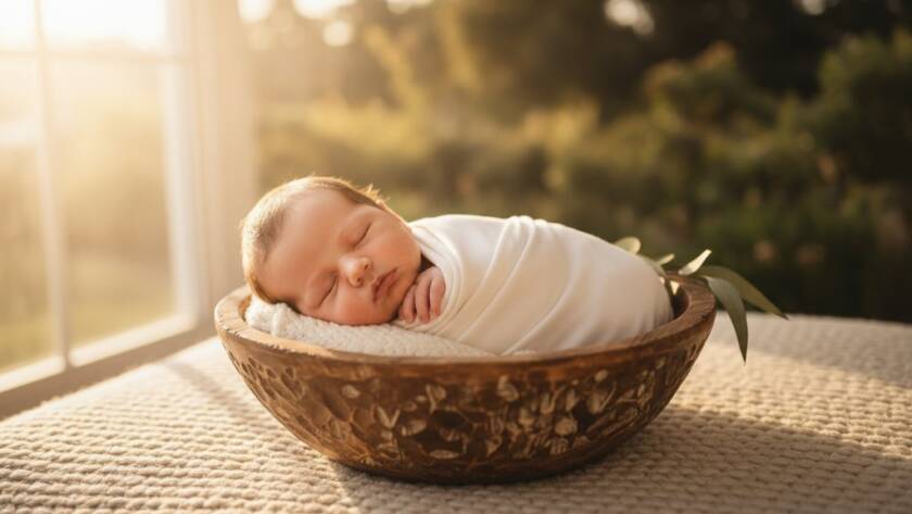 An 'epic moment' style photograph capturing a sleeping newborn baby wrapped in a soft, cream swaddle, nestled in a vintage wooden bassinet bathed in warm, ethereal window light, creating a serene and treasured newborn photography Carnegie Victoria memory.