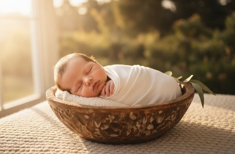 An 'epic moment' style photograph capturing a sleeping newborn baby wrapped in a soft, cream swaddle, nestled in a vintage wooden bassinet bathed in warm, ethereal window light, creating a serene and treasured newborn photography Carnegie Victoria memory.