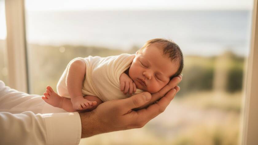 A heartwarming, professionally color-graded photograph capturing a treasured newborn photography Frankston family moment. A sleeping baby is gently cradled in parents' hands, set against a softly lit, natural Frankston backdrop, evoking a serene and timeless atmosphere. Dramatic, soft backlighting highlights their bond.