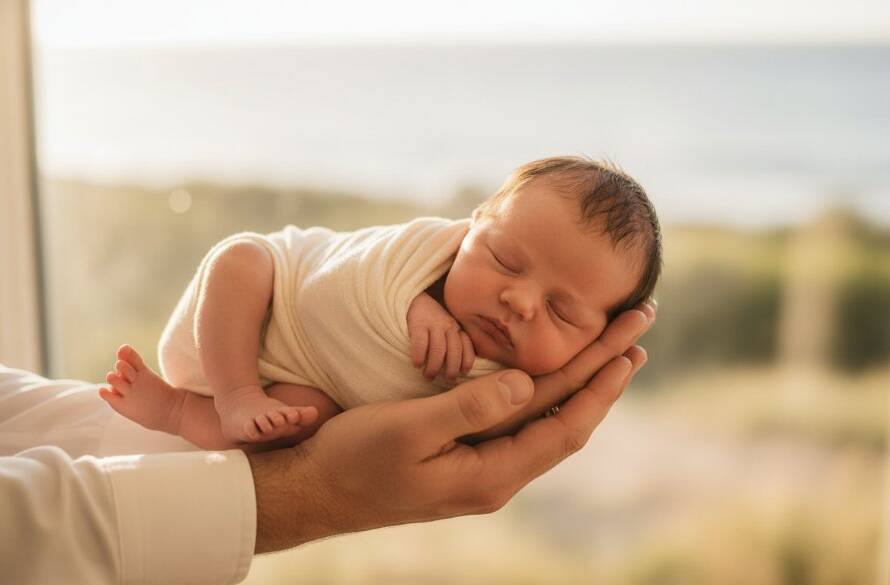 A heartwarming, professionally color-graded photograph capturing a treasured newborn photography Frankston family moment. A sleeping baby is gently cradled in parents' hands, set against a softly lit, natural Frankston backdrop, evoking a serene and timeless atmosphere. Dramatic, soft backlighting highlights their bond.
