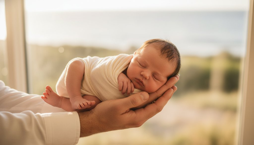 A heartwarming, professionally color-graded photograph capturing a treasured newborn photography Frankston family moment. A sleeping baby is gently cradled in parents' hands, set against a softly lit, natural Frankston backdrop, evoking a serene and timeless atmosphere. Dramatic, soft backlighting highlights their bond.
