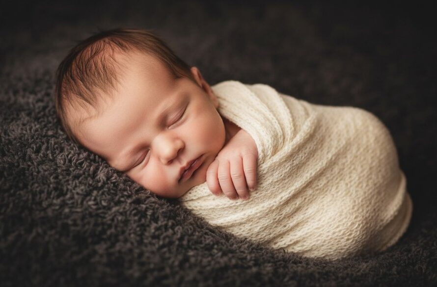 A tender, close-up portrait capturing treasured newborn photography in Horsham, Victoria. A sleeping baby swaddled in soft white fabric, gently held in a parent's hands, bathed in warm, ethereal light. The scene conveys peace and profound love, with a shallow depth of field highlighting the baby's tiny features. Professional color grading enhances the intimate, dramatic mood.