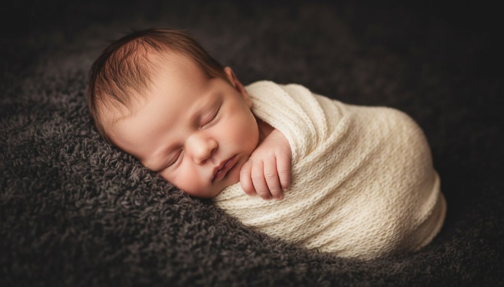 A tender, close-up portrait capturing treasured newborn photography in Horsham, Victoria. A sleeping baby swaddled in soft white fabric, gently held in a parent's hands, bathed in warm, ethereal light. The scene conveys peace and profound love, with a shallow depth of field highlighting the baby's tiny features. Professional color grading enhances the intimate, dramatic mood.