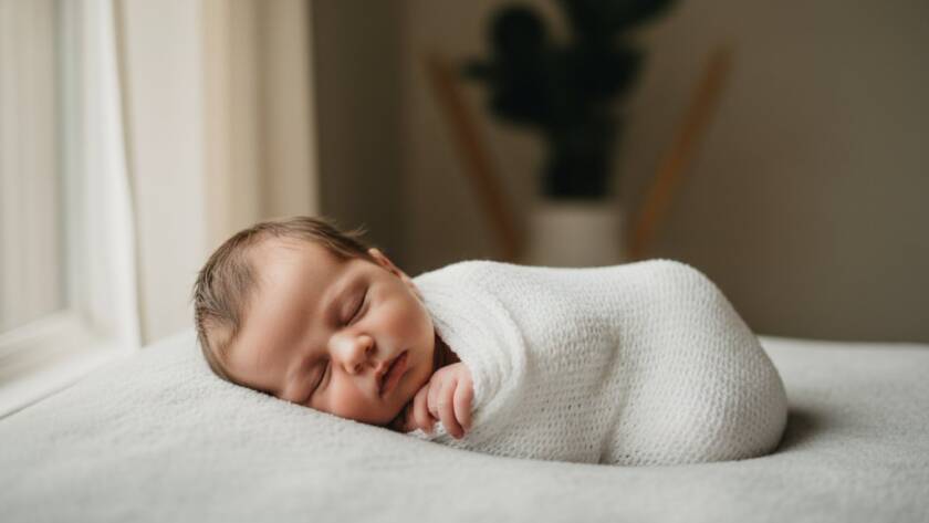 A tender, close-up portrait of a newborn baby gently swaddled in soft, natural fibres, dreaming peacefully in a sunlit Vermont studio, capturing treasured newborn photography Vermont Victoria with professional, warm light and a serene atmosphere.