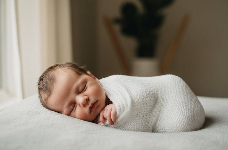 A tender, close-up portrait of a newborn baby gently swaddled in soft, natural fibres, dreaming peacefully in a sunlit Vermont studio, capturing treasured newborn photography Vermont Victoria with professional, warm light and a serene atmosphere.