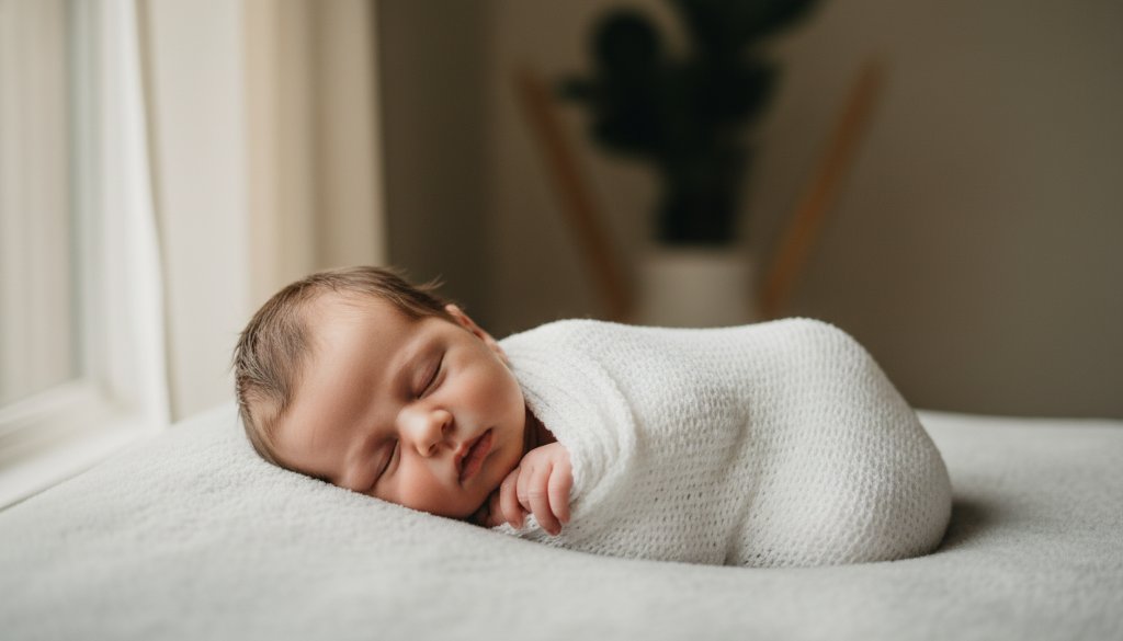 A tender, close-up portrait of a newborn baby gently swaddled in soft, natural fibres, dreaming peacefully in a sunlit Vermont studio, capturing treasured newborn photography Vermont Victoria with professional, warm light and a serene atmosphere.