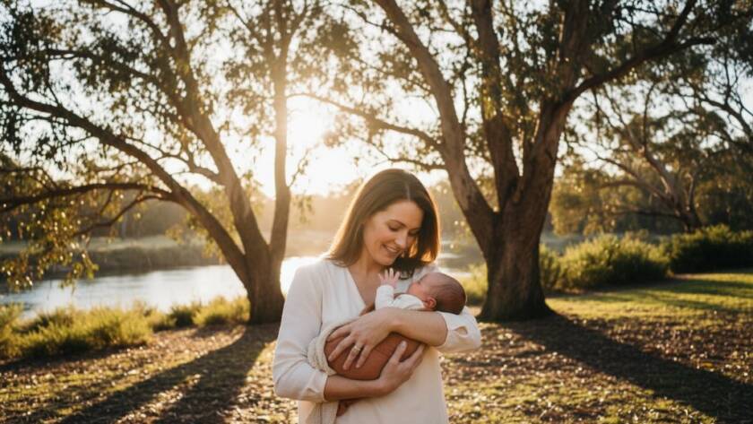 An ethereal, wide-angle shot capturing the tender interaction between a parent and their newborn baby, bathed in soft golden hour light filtering through tall gum trees near the Werribee River, illustrating treasured newborn photography Werribee families can cherish forever. The baby is swaddled, gently held, with the parent's loving gaze visible. Professional, cinematic colour grading.