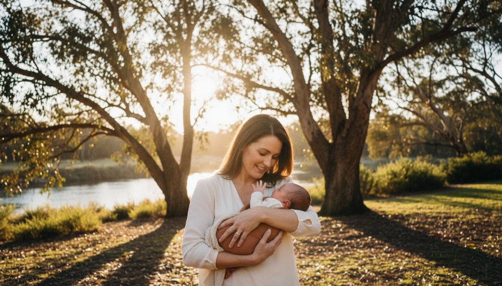 An ethereal, wide-angle shot capturing the tender interaction between a parent and their newborn baby, bathed in soft golden hour light filtering through tall gum trees near the Werribee River, illustrating treasured newborn photography Werribee families can cherish forever. The baby is swaddled, gently held, with the parent's loving gaze visible. Professional, cinematic colour grading.