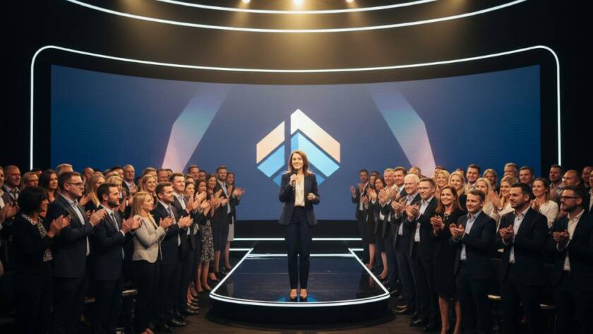 Dynamic wide shot capturing a celebratory moment at a Truganina corporate event, showcasing Truganina corporate event photography excellence, with attendees applauding a speaker on stage under dramatic lighting.