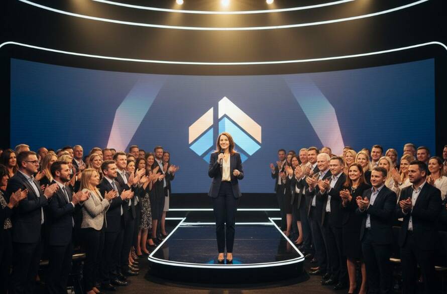 Dynamic wide shot capturing a celebratory moment at a Truganina corporate event, showcasing Truganina corporate event photography excellence, with attendees applauding a speaker on stage under dramatic lighting.