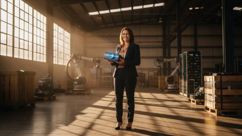 A dramatic wide-angle shot showcasing a local Truganina entrepreneur passionately explaining their product in an industrial warehouse, perfectly embodying Truganina editorial photography for authentic brand stories, with dynamic lighting.