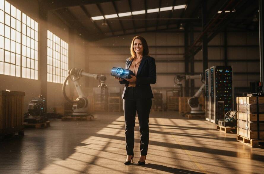 A dramatic wide-angle shot showcasing a local Truganina entrepreneur passionately explaining their product in an industrial warehouse, perfectly embodying Truganina editorial photography for authentic brand stories, with dynamic lighting.