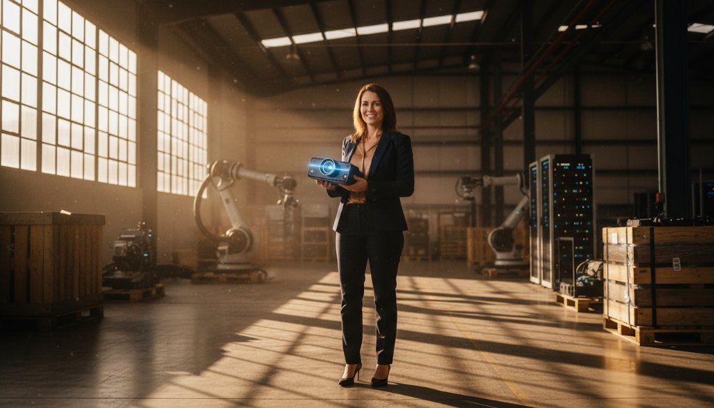 A dramatic wide-angle shot showcasing a local Truganina entrepreneur passionately explaining their product in an industrial warehouse, perfectly embodying Truganina editorial photography for authentic brand stories, with dynamic lighting.