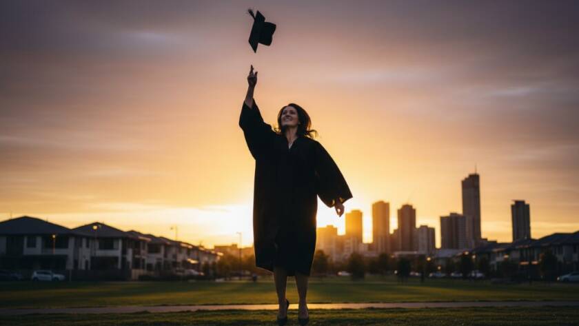 An emotionally charged 'epic moment' photograph capturing a graduate in Truganina, Victoria, beaming with pride, cap thrown high against a vibrant sunset, perfectly embodying Truganina Graduation Photography Melbourne Memorable Moments. The graduate stands confidently with the Truganina community park in the soft-focused background, professional photography with dramatic lighting and color grading.