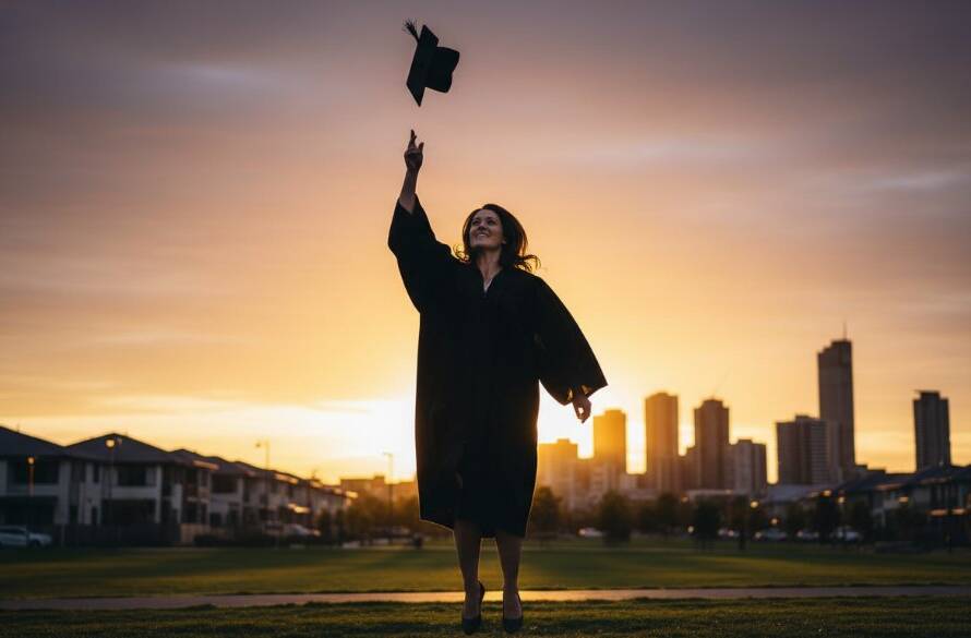 An emotionally charged 'epic moment' photograph capturing a graduate in Truganina, Victoria, beaming with pride, cap thrown high against a vibrant sunset, perfectly embodying Truganina Graduation Photography Melbourne Memorable Moments. The graduate stands confidently with the Truganina community park in the soft-focused background, professional photography with dramatic lighting and color grading.