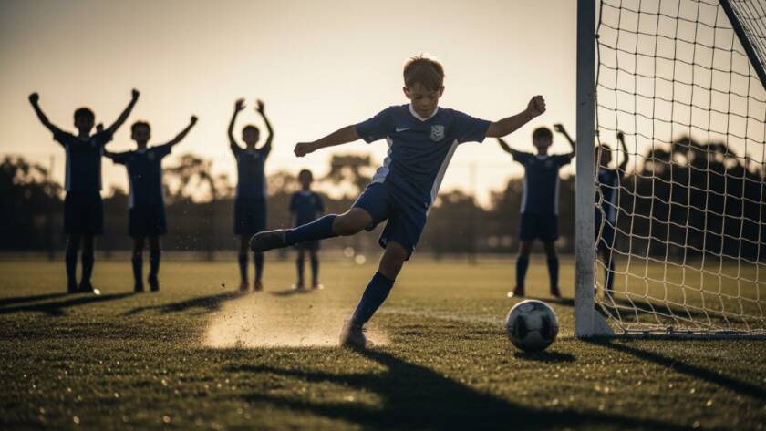 Dramatic shot of a junior football player in Truganina scoring a winning goal, captured with professional lighting, embodying the spirit of Truganina junior football action photography.