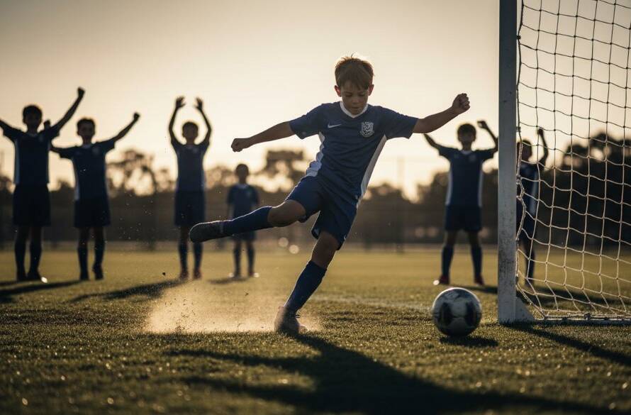 Dramatic shot of a junior football player in Truganina scoring a winning goal, captured with professional lighting, embodying the spirit of Truganina junior football action photography.