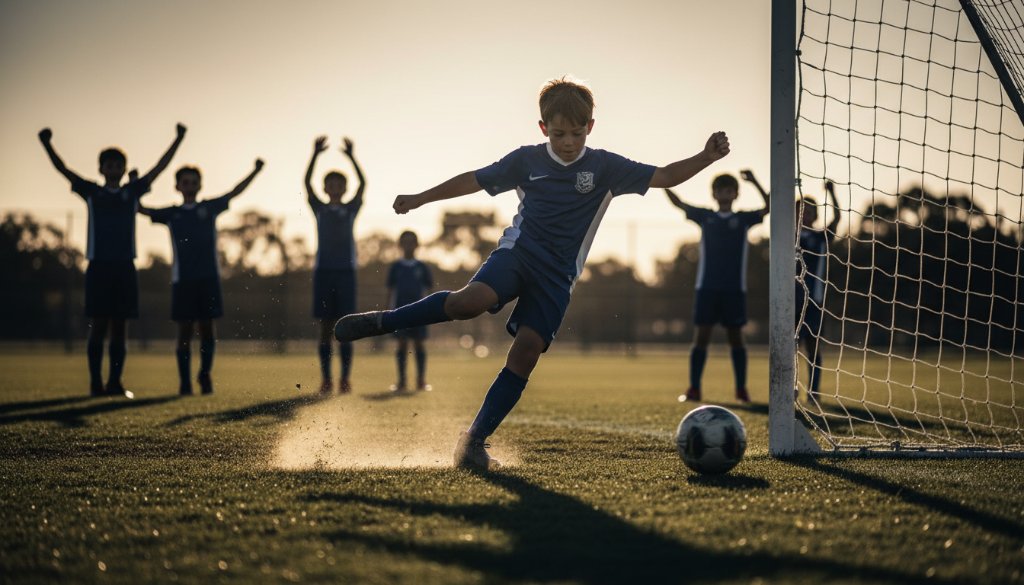 Dramatic shot of a junior football player in Truganina scoring a winning goal, captured with professional lighting, embodying the spirit of Truganina junior football action photography.