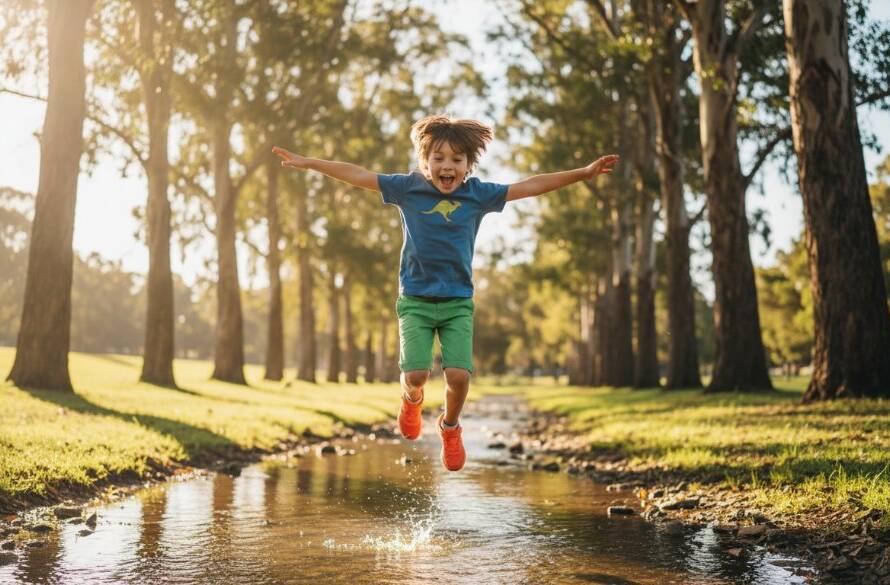 An energetic child, aged 6-8, mid-leap across a small creek in a lush Truganina park, dappled sunlight filtering through gum trees, capturing a genuine moment of Truganina Kids Outdoor Adventure Photography with a wide, joyful smile and outstretched arms.