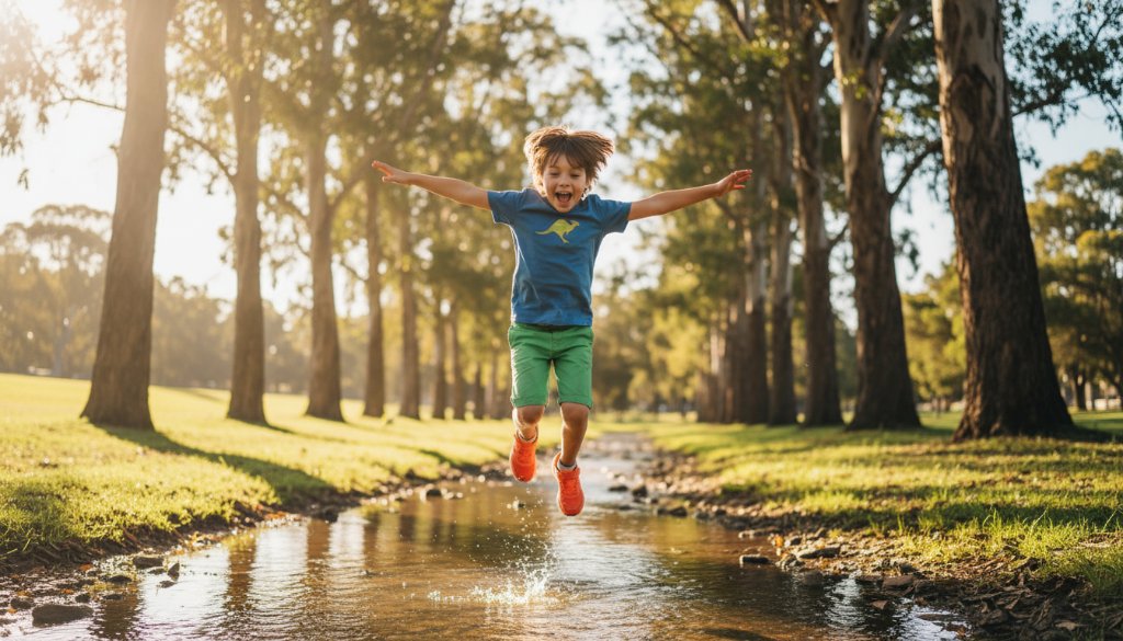 An energetic child, aged 6-8, mid-leap across a small creek in a lush Truganina park, dappled sunlight filtering through gum trees, capturing a genuine moment of Truganina Kids Outdoor Adventure Photography with a wide, joyful smile and outstretched arms.